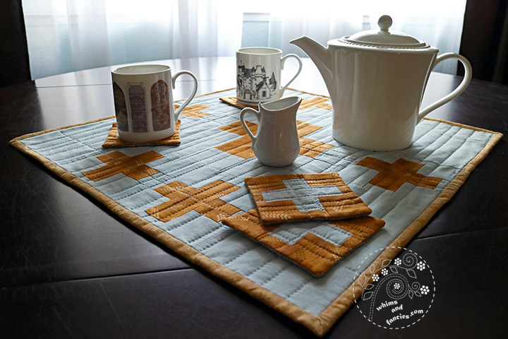 Plus Sign Quilt - Tea Mat & Coasters In Yellow & Grey | Whims And Fancies