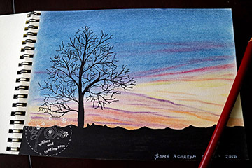 Tree Silhouette At Sunset Derwent Pastel Pencils Painting